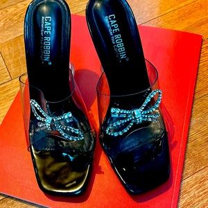 Crystal Bow PVC and black patent sandals